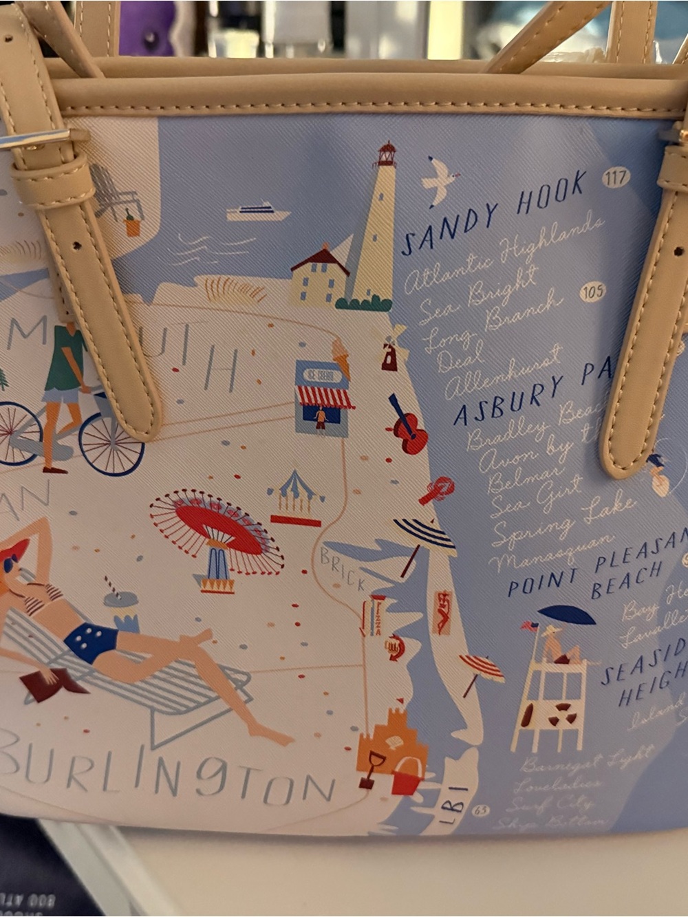 Jersey Shore Coastal Map Print Tote in Light Blue and Tan - Picture 4 of 5